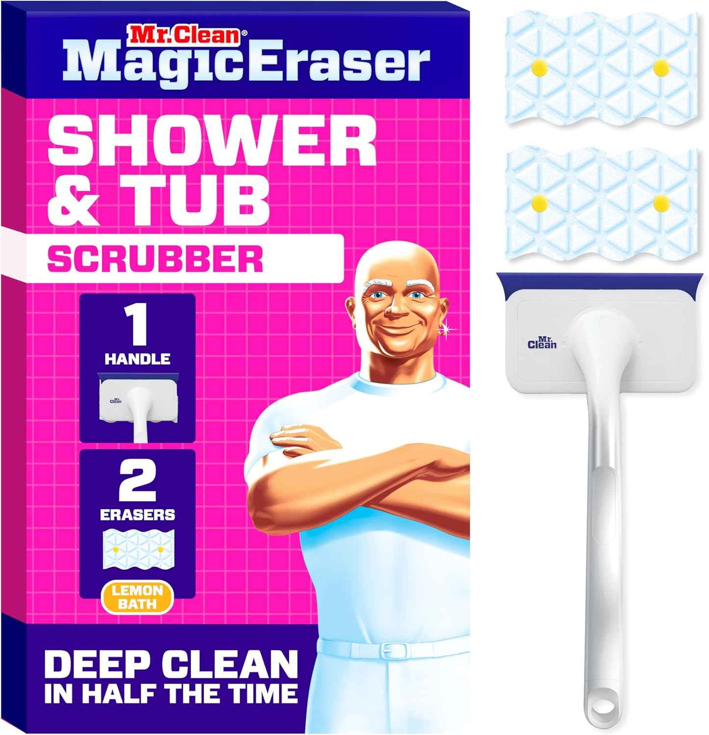 Mr. Clean Magic Eraser Shower & Tub Scrubber, Bathroom Cleaner, All in One Bathroom Cleaner, Lemon Starter Kit