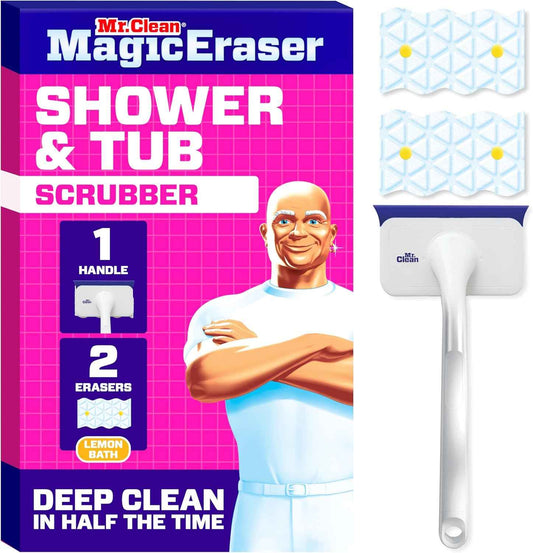 Mr. Clean Magic Eraser Shower & Tub Scrubber, Bathroom Cleaner, All in One Bathroom Cleaner, Lemon Starter Kit