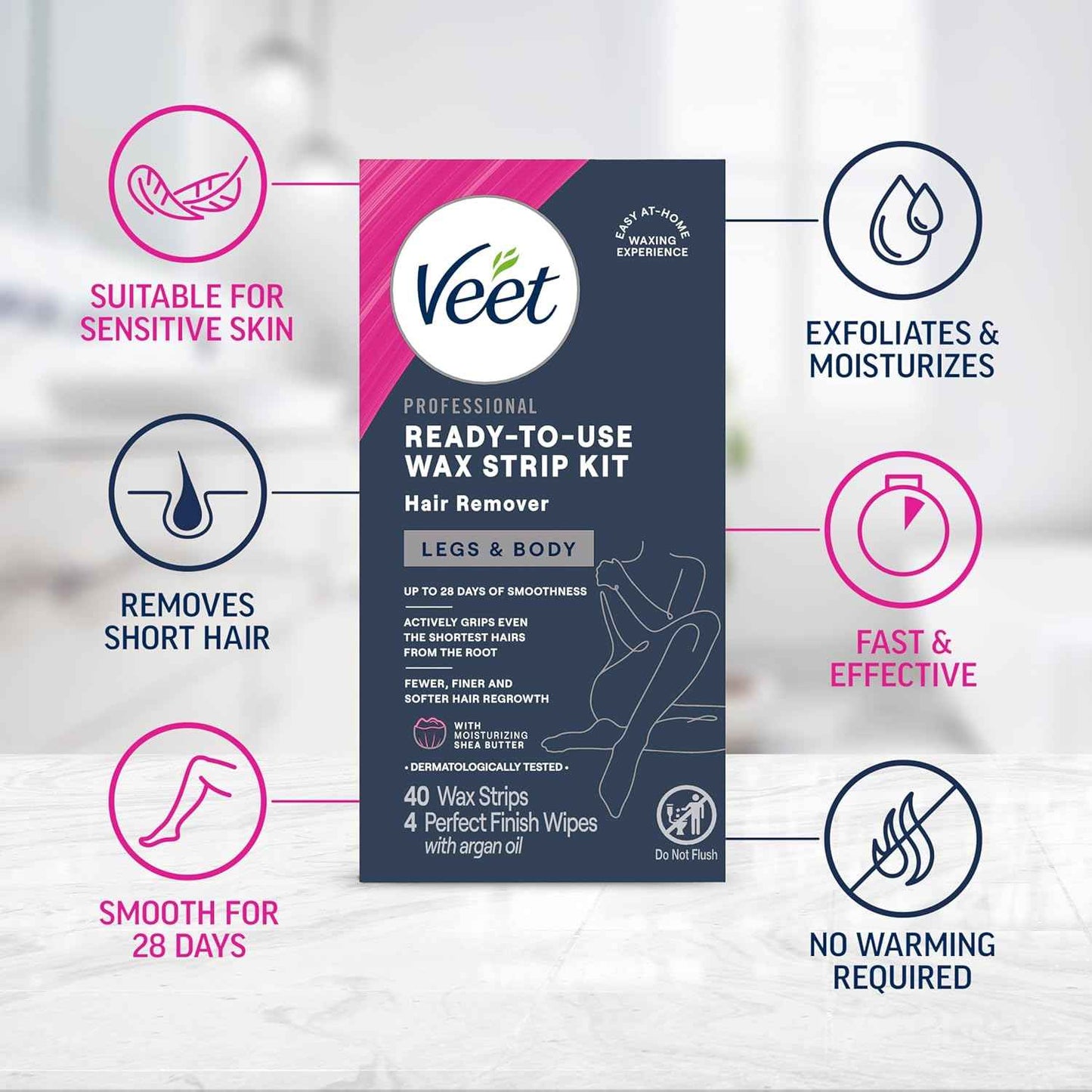 VEET Ready-To-Use Waxing Kit For Women, Wax Strips For Body Hair Removal, Wax Kit For Legs and Body, Personal Care Product, Hair Remover