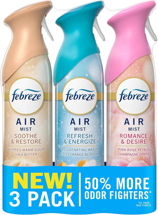 Febreze Air Mist, Air Freshener, Odor Fighting Room Spray, Deodorizer for Home Bathroom Kitchen Office Apartment, Soothe & Restore, Refresh & Energize, Romance & Desire Variety Pack