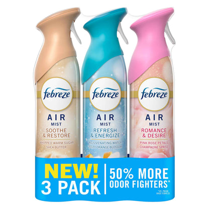Febreze Air Mist, Air Freshener, Odor Fighting Room Spray, Deodorizer for Home Bathroom Kitchen Office Apartment, Soothe & Restore, Refresh & Energize, Romance & Desire Variety Pack