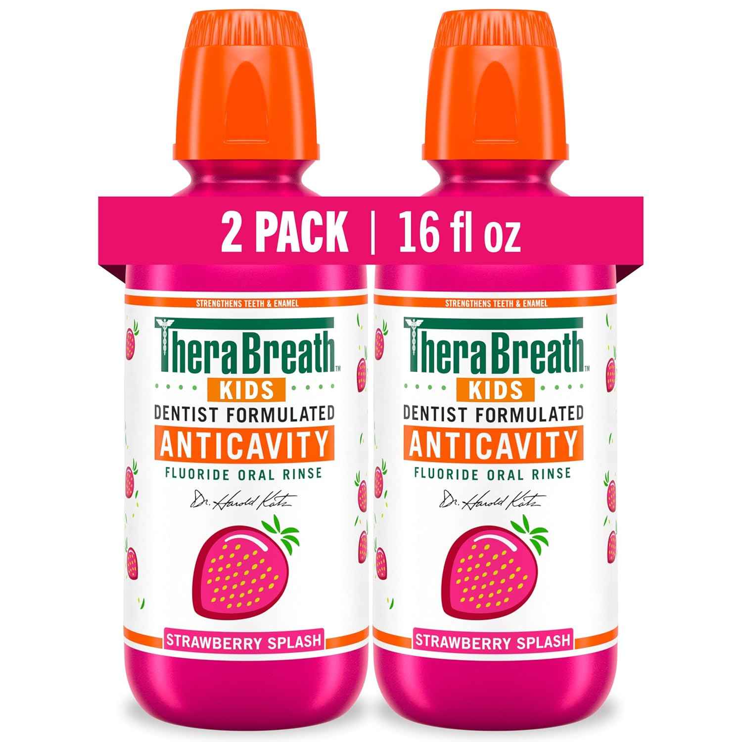 TheraBreath Kids Mouthwash with Fluoride, Organic Strawberry Splash, Anticavity, 16 fl oz, 2 Pack
