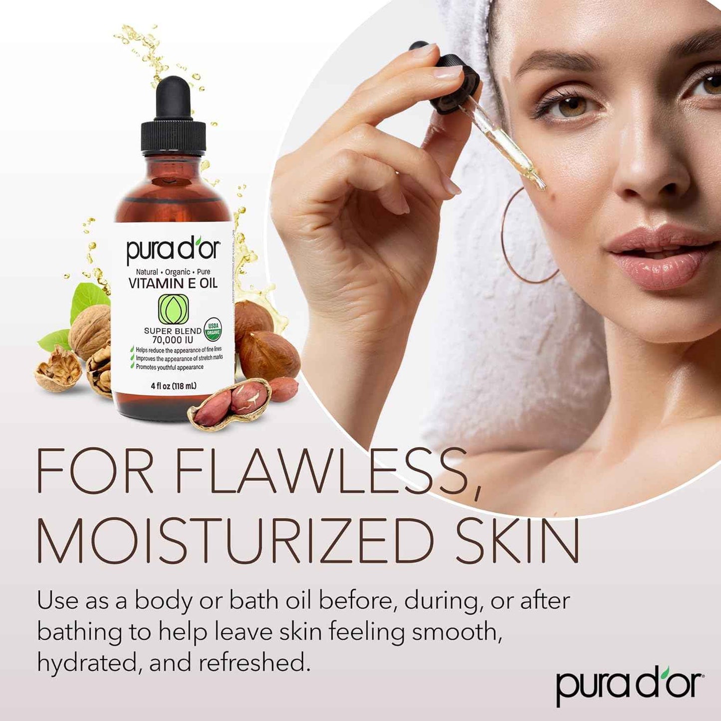 PURA D'OR 4 Oz Organic Vitamin E Oil 70,000 IU, USDA Certified Face, Body, Hair & Bath Oil with Argan, Jojoba, Rosehip, Apricot, Almond & Avocado, Lightweight Moisturizing Blend for Soft, Smooth Skin