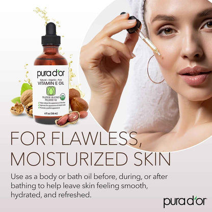 PURA D'OR 4 Oz Organic Vitamin E Oil 70,000 IU, USDA Certified Face, Body, Hair & Bath Oil with Argan, Jojoba, Rosehip, Apricot, Almond & Avocado, Lightweight Moisturizing Blend for Soft, Smooth Skin