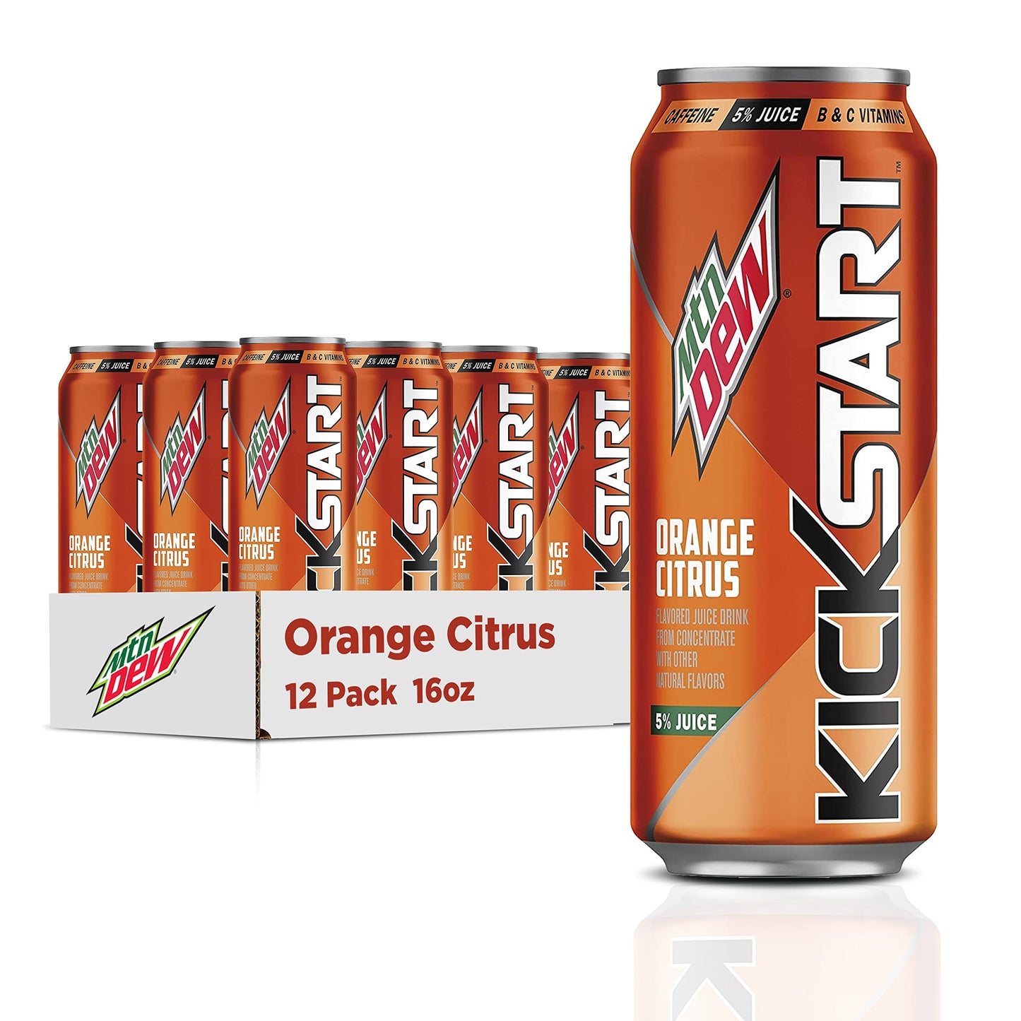 Mountain Dew Kickstart, Orange Citrus, 92mg Caffeine, Vitamins B &amp;amp; C, 80 Calories, 5% Juice, 16 Fl Oz (Pack of 12)