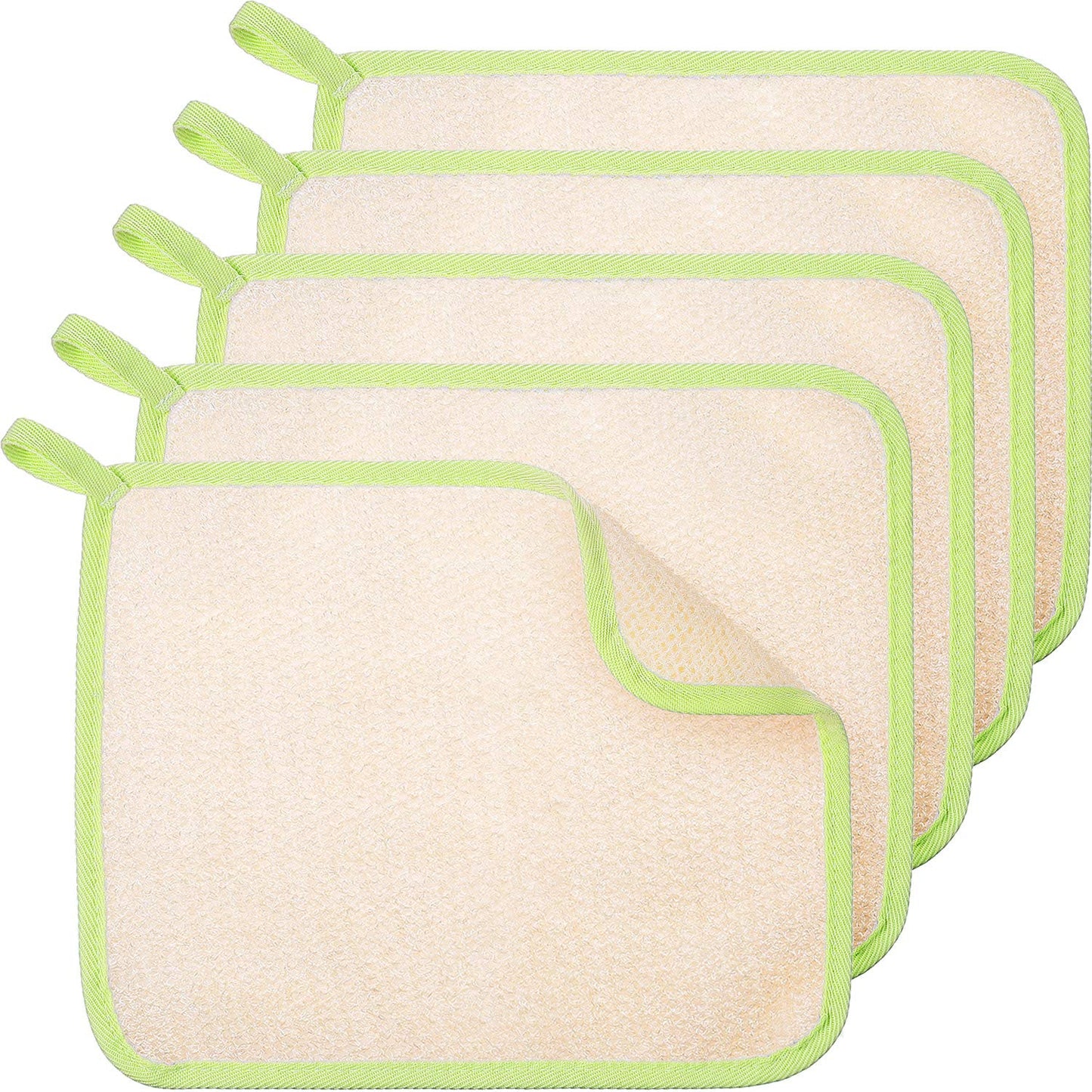 Tatuo 5 Pcs Exfoliating Face and Body Wash Cloths Towel Weave Bath Exfoliating Scrub Massage Bath Cloth for Women and Men, 10.63 x 9.05 Inch(Green Edge)