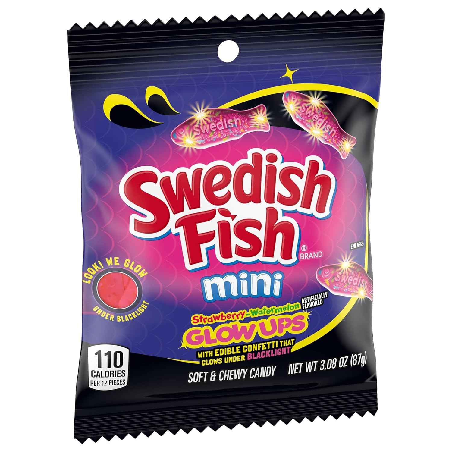 SWEDISH FISH Mini Glow Ups Strawberry-Watermelon Soft & Chewy Gummy Candy, Bulk Candy, 12-3.08 oz Bags