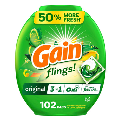 Gain Flings Liquid Washing Detergent Pods, Now with Odor Defense + Color Guard, Original Scent, 4-In-1 Liquid Laundry Detergent Pacs, Clean & Fresh, 112 Count (Packaging May Vary)