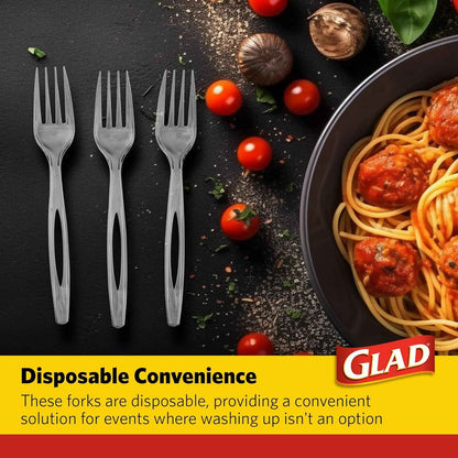 Glad Clear Heavy Duty Plastic Forks, Reduced-Plastic Open Handle, Break-Resistant Disposable or Top-Rack Reusable Cutlery for Parties, Camping & Everyday Meals, Standard Size,