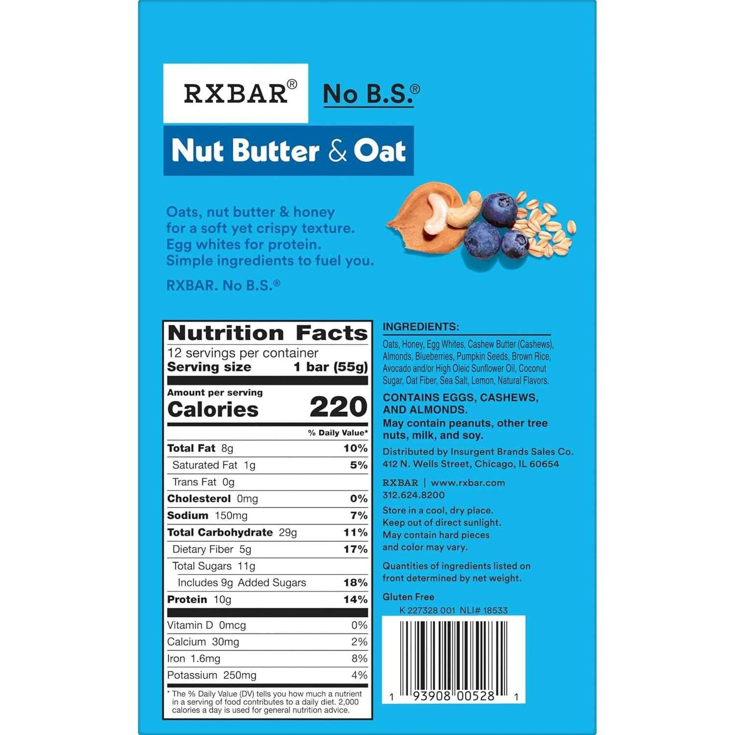 RXBAR Nut Butter and Oat Protein Bars, Protein Snacks, Snack Bars, Blueberry Cashew Butter