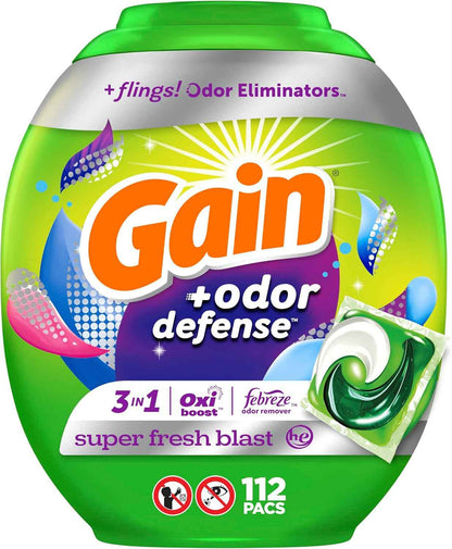Gain Flings Laundry Detergent Pacs with Odor Defense, Super Fresh Blast Scent, HE 3in1 with Febreze and Oxi