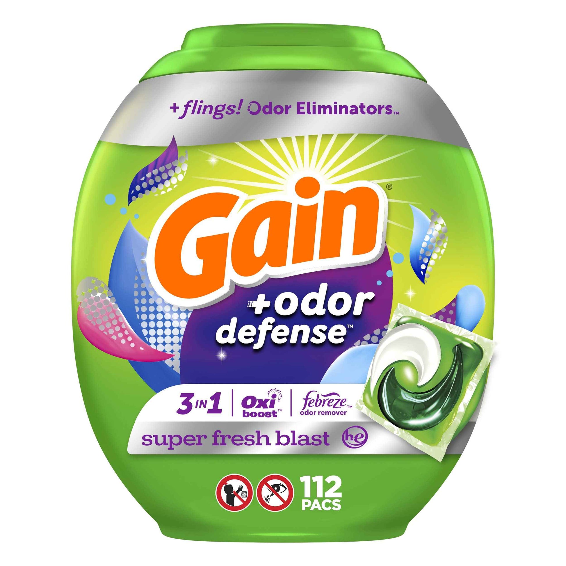 Gain Flings Laundry Detergent Pacs with Odor Defense, Super Fresh Blast Scent, HE 3in1 with Febreze and Oxi