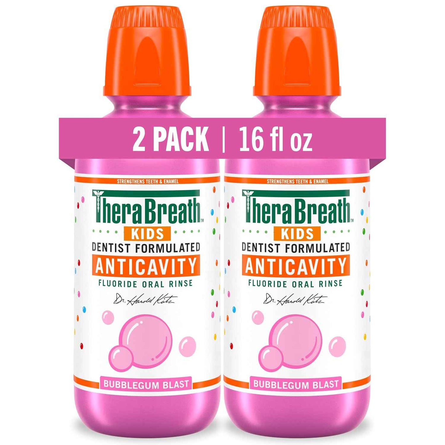 TheraBreath Kids Anticavity Fluoride Oral Rinse, Strengthens Teeth & Enamel, Alcohol Free & Dye Free, Certified Organic Bubblegum Blast Flavor, 16 Fl Oz, 2-Pack