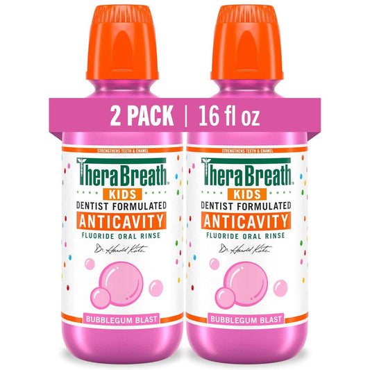 TheraBreath Kids Anticavity Fluoride Oral Rinse, Strengthens Teeth & Enamel, Alcohol Free & Dye Free, Certified Organic Bubblegum Blast Flavor, 16 Fl Oz, 2-Pack