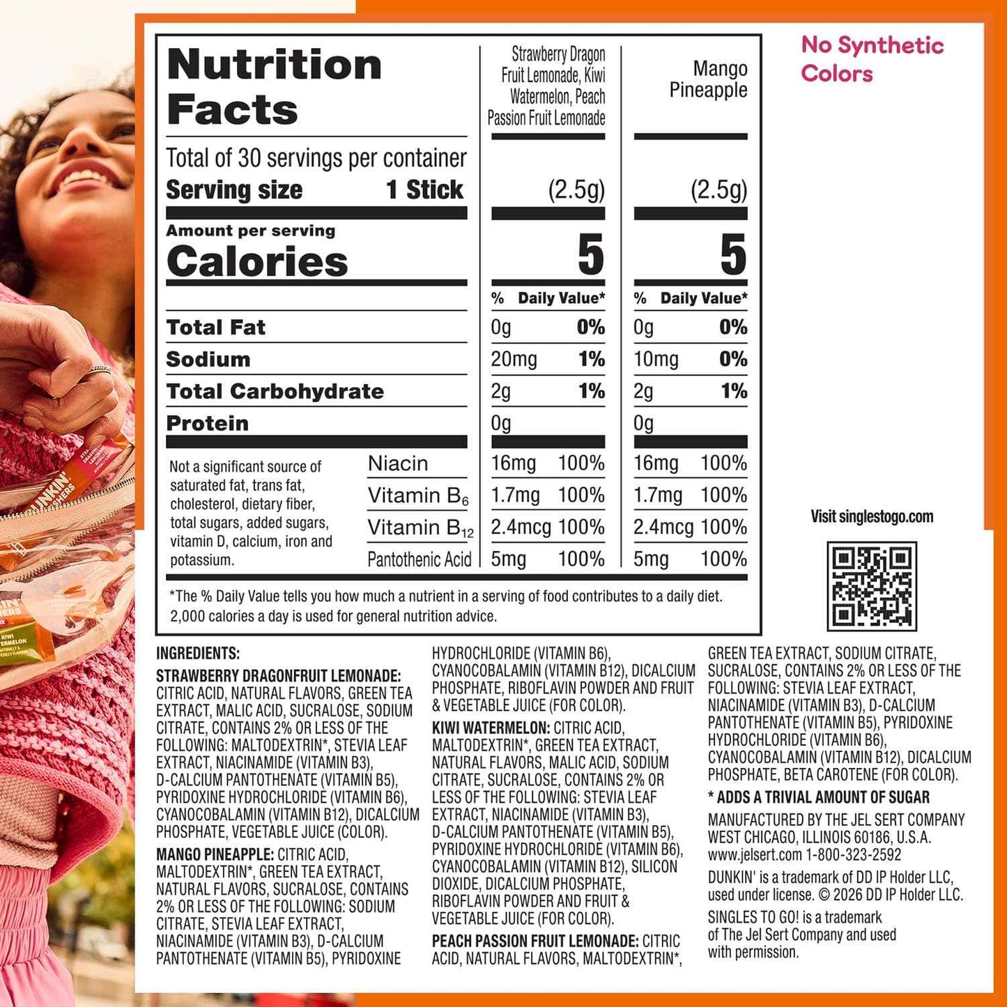 Dunkin’ Zero Sugar Refreshers Singles To Go! Powdered drink mix packets, 30 Ct Variety Pack, 30 Single serve Packets per Box (30 servings), Energy from Green Tea, aspartame-free, no synthetic colors, naturally and artificially flavored, just add water