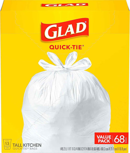 Glad Tall Kitchen Trash Bags 13 Gallon, Unscented Garbage Bags, Quick-Tie, 68 Count