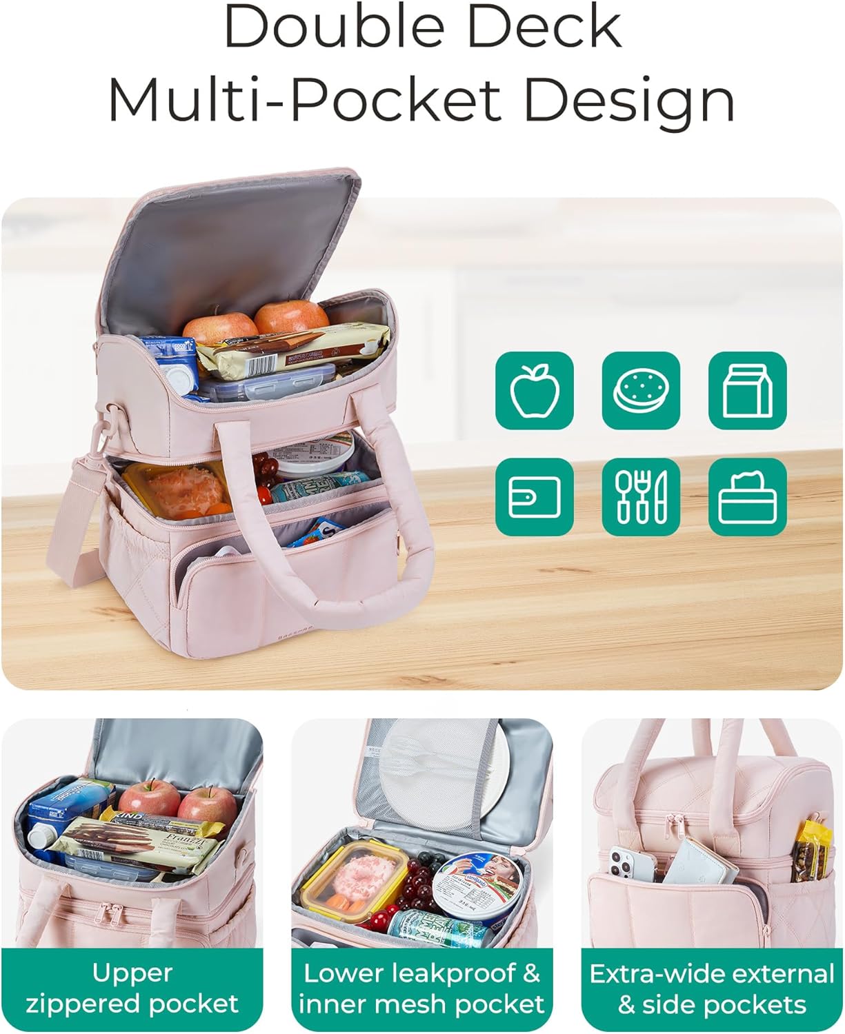 BAGSMART_Lunch_Bag_Women,_Double_Deck_Insulated_Lunch_Box,_Quilted_Puffer_Lunch_Tote,_Leakproof,_Durable_&_Reusable_Large_Lunch_Cooler_For_Work_Picnic_Travel_Meal_Prep,_Camel