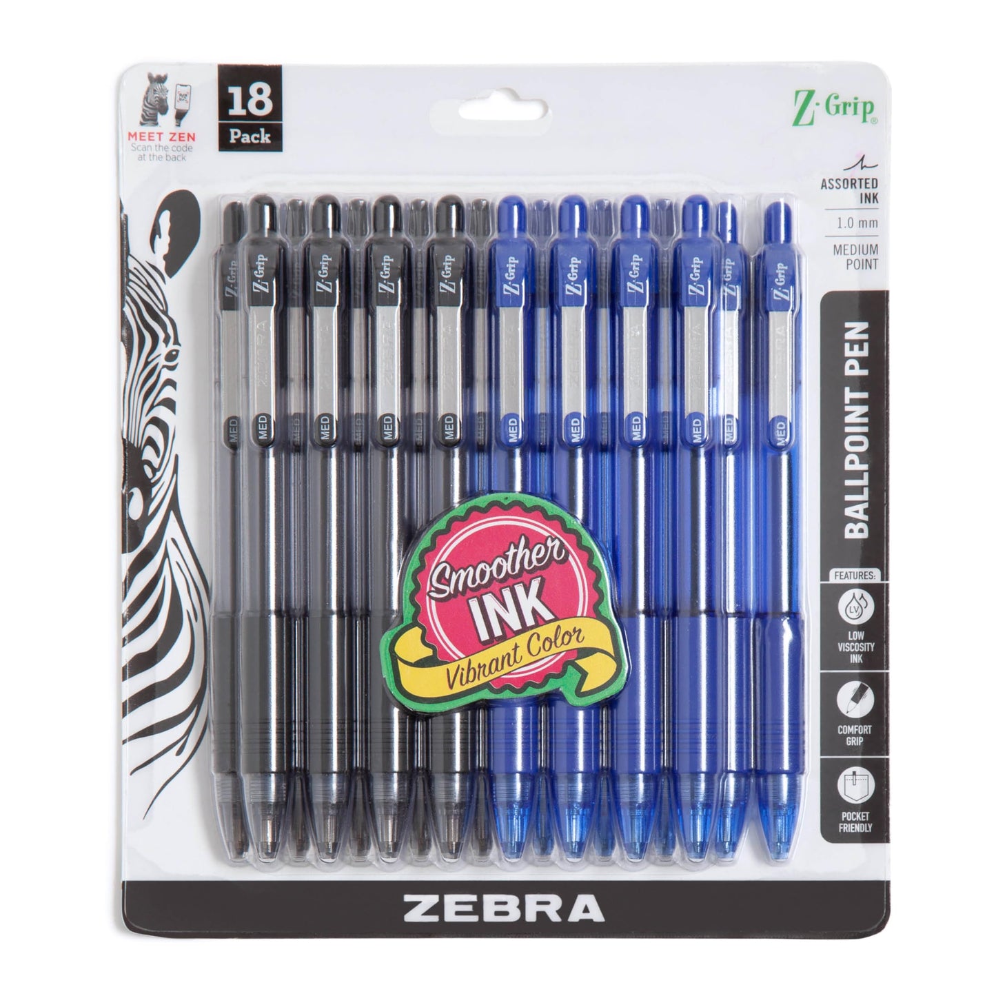 Zebra Pen Z-Grip Retractable Ballpoint Pen, Smooth-Flowing Black and Blue Ink, 1.0mm Medium Point, School &amp;amp; Office Supplies, Ideal for Note-Taking, Journal and Planner Use, 18-Pack (22018amz)