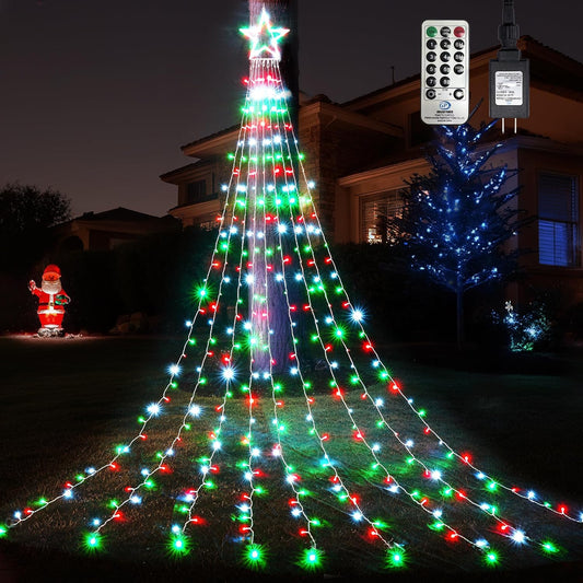 WBao_Outdoor_Christmas_Decorations_with_12"_Star_Topper,_344_LED_11.9ft_Waterfall_Christmas_Lights,_Remote_Control_8_Modes,_3_Timers,_UL_Listed_Waterproof_for_Tree_Roof_Porch_Decor,_Red_Green_White