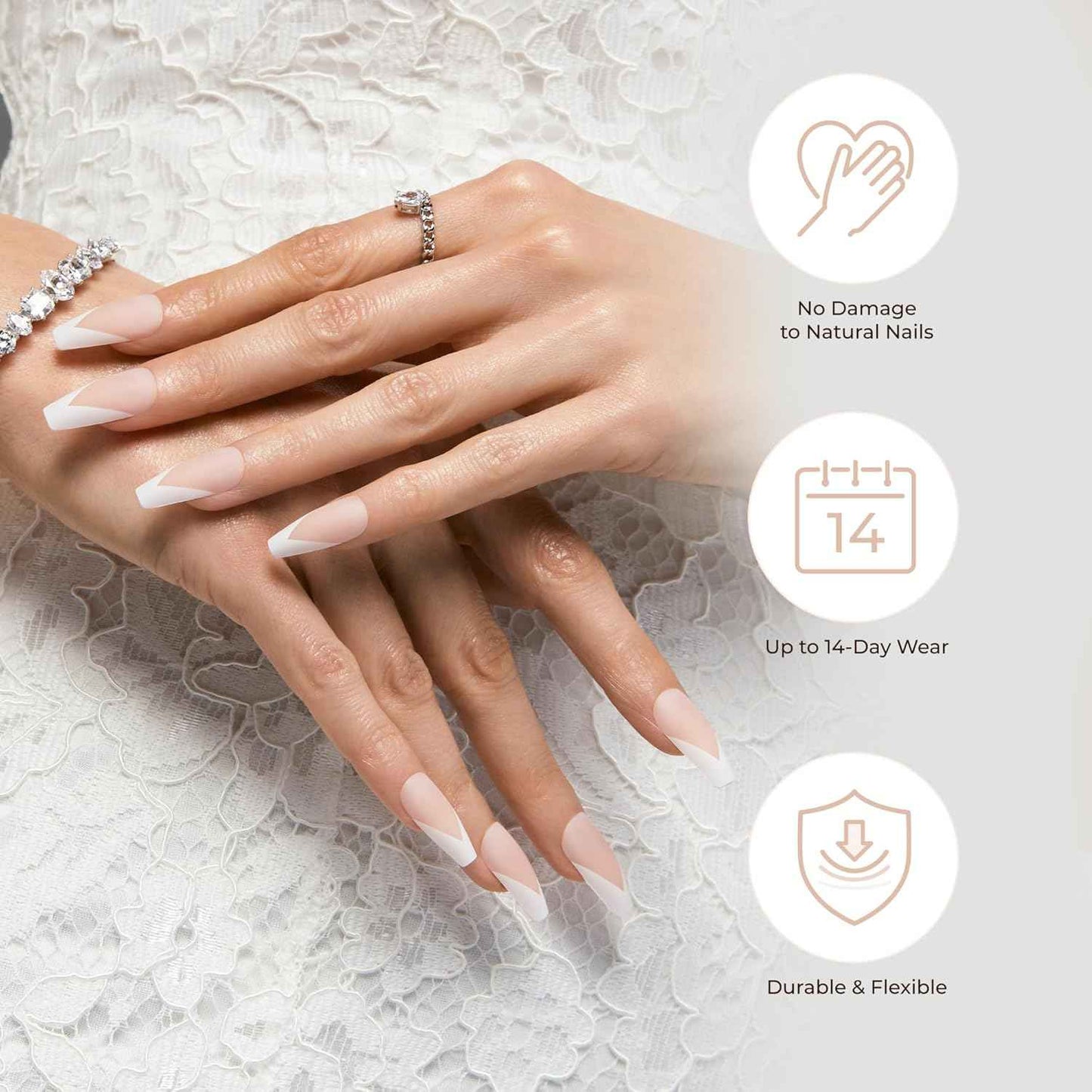 KISS Classy, Press On Nails, Nail glue included, White, Medium Size, Almond Shape, Includes 28 Nails, 2g glue, 1 Manicure Stick, 1 Mini File