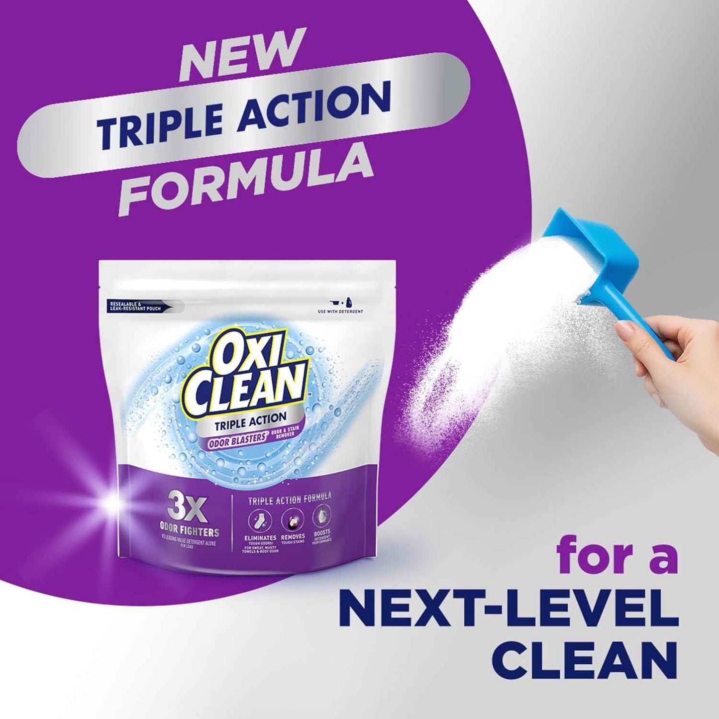 OxiClean Triple Action Odor and Stain Remover Powder, Use with Detergent, Eliminates Tough Odors and Removes Stains, Color Safe and Chlorine Free