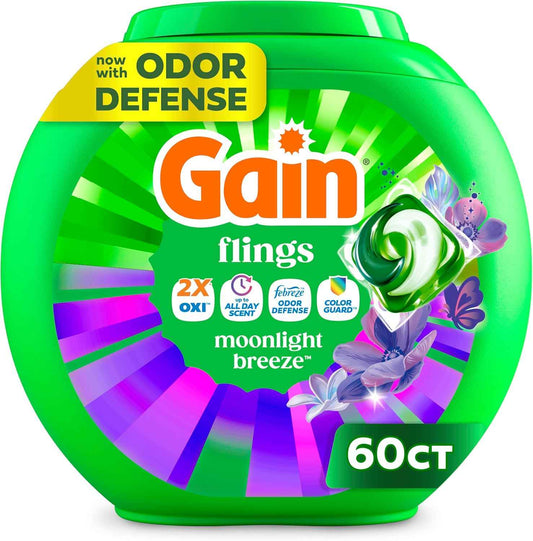 Gain Flings Liquid Washing Detergent Pacs with Odor Defense + Color Guard, Moonlight Breeze Scent, 4-In-1 Liquid Laundry Detergent Pods, Clean & Fresh