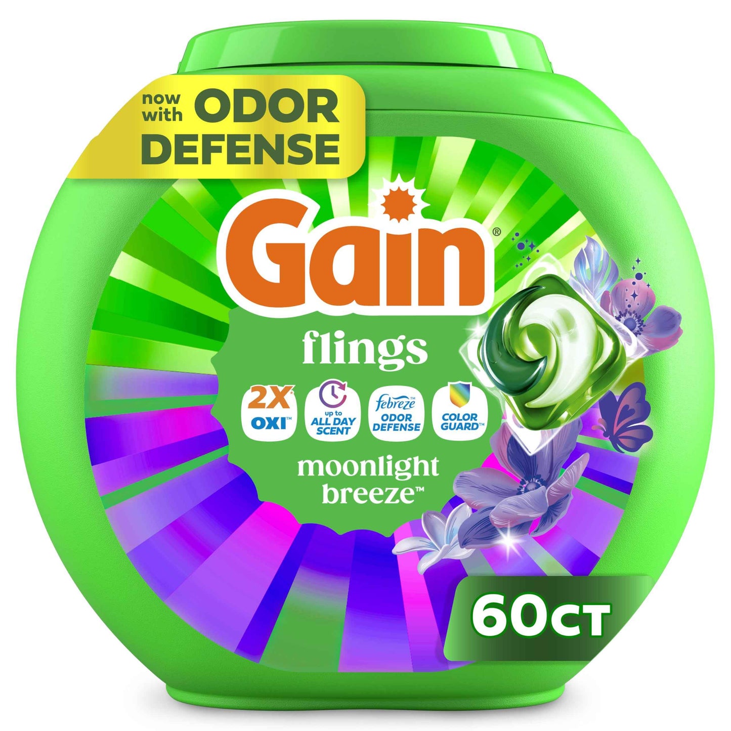 Gain Flings Liquid Washing Detergent Pacs with Odor Defense + Color Guard, Moonlight Breeze Scent, 4-In-1 Liquid Laundry Detergent Pods, Clean & Fresh