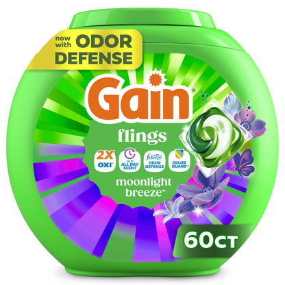 Gain Flings Liquid Washing Detergent Pacs with Odor Defense + Color Guard, Moonlight Breeze Scent, 4-In-1 Liquid Laundry Detergent Pods, Clean & Fresh