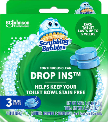 Scrubbing Bubbles Continuous Clean Toilet Drop-Ins, Automatic Blue Toilet Bowl Cleaner, Septic-Safe Tank Tablets Remove Hard Water Minerals & Limescale, Stain & Smell Protection, 3 Count