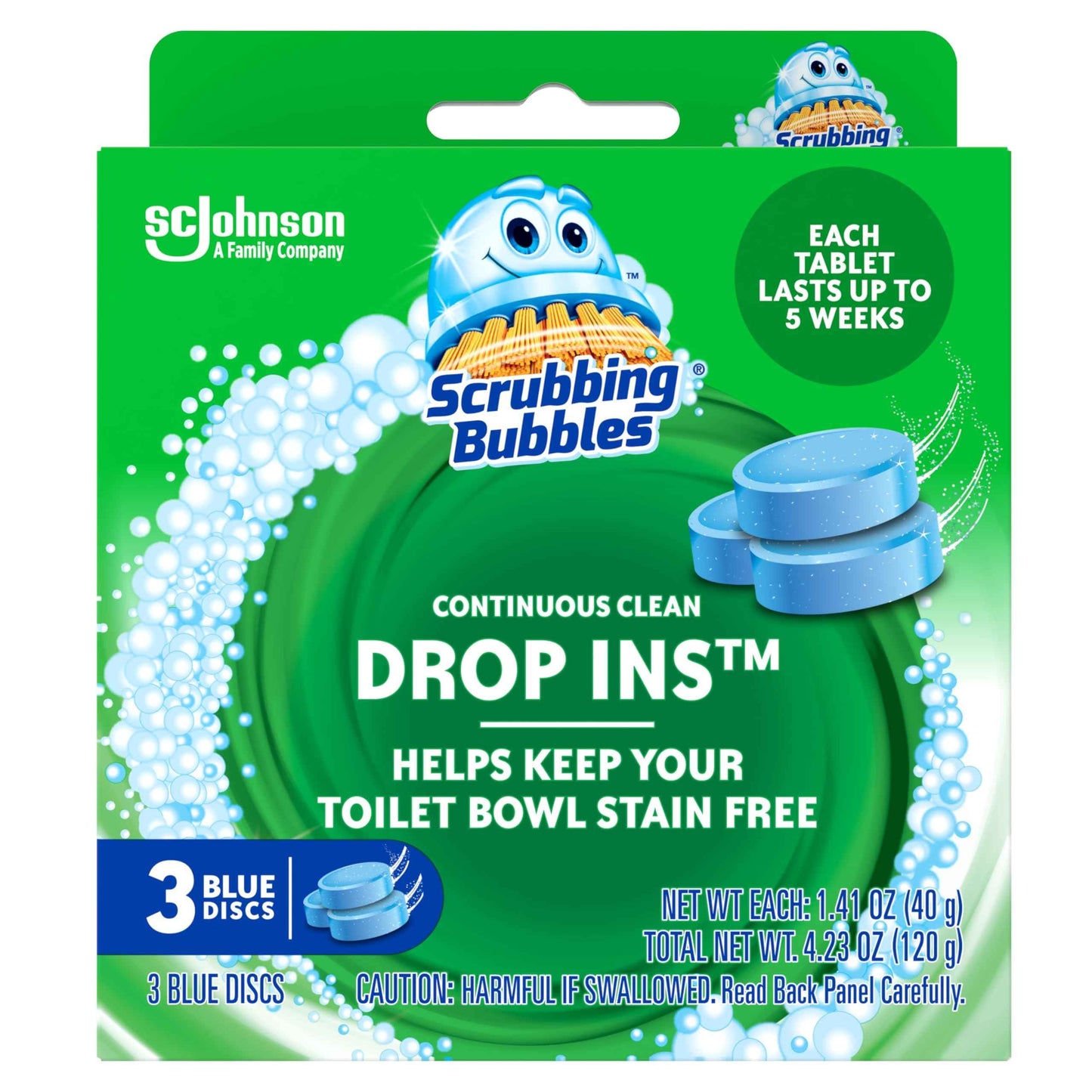 Scrubbing Bubbles Continuous Clean Toilet Drop-Ins, Automatic Blue Toilet Bowl Cleaner, Septic-Safe Tank Tablets Remove Hard Water Minerals & Limescale, Stain & Smell Protection, 3 Count