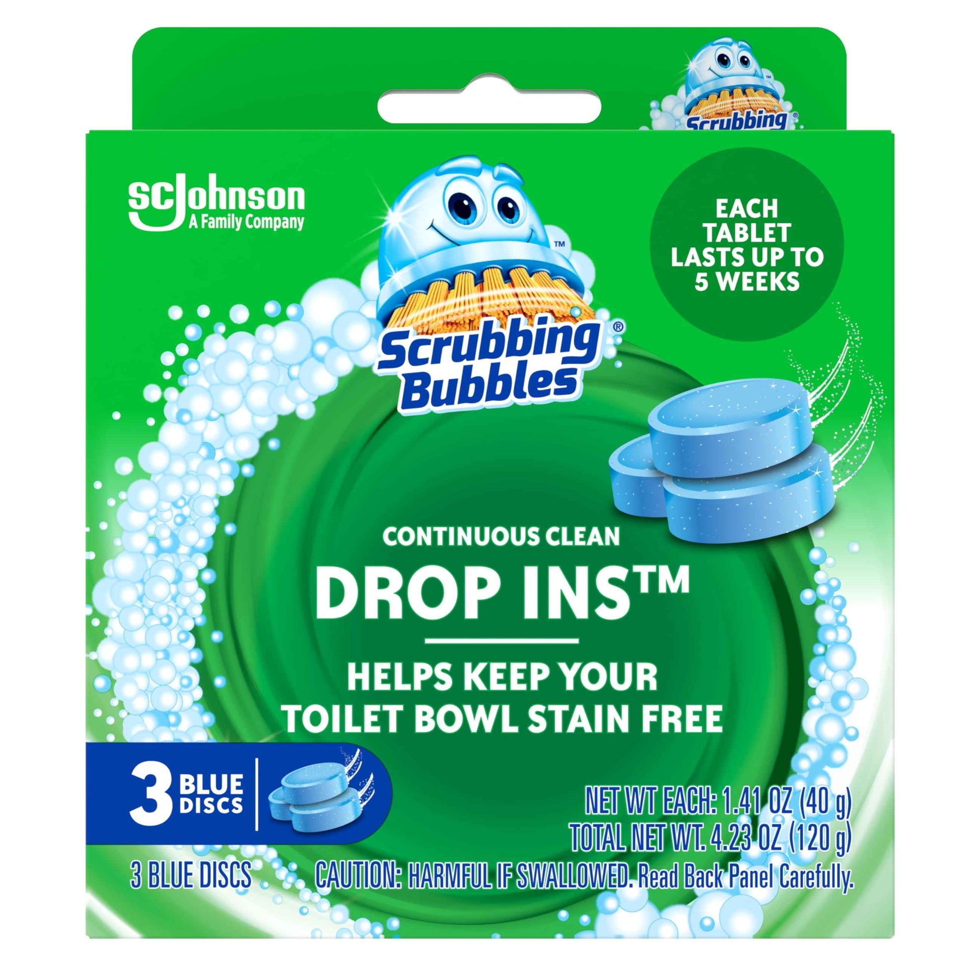 Scrubbing Bubbles Continuous Clean Toilet Drop-Ins, Automatic Blue Toilet Bowl Cleaner, Septic-Safe Tank Tablets Remove Hard Water Minerals & Limescale, Stain & Smell Protection, 3 Count