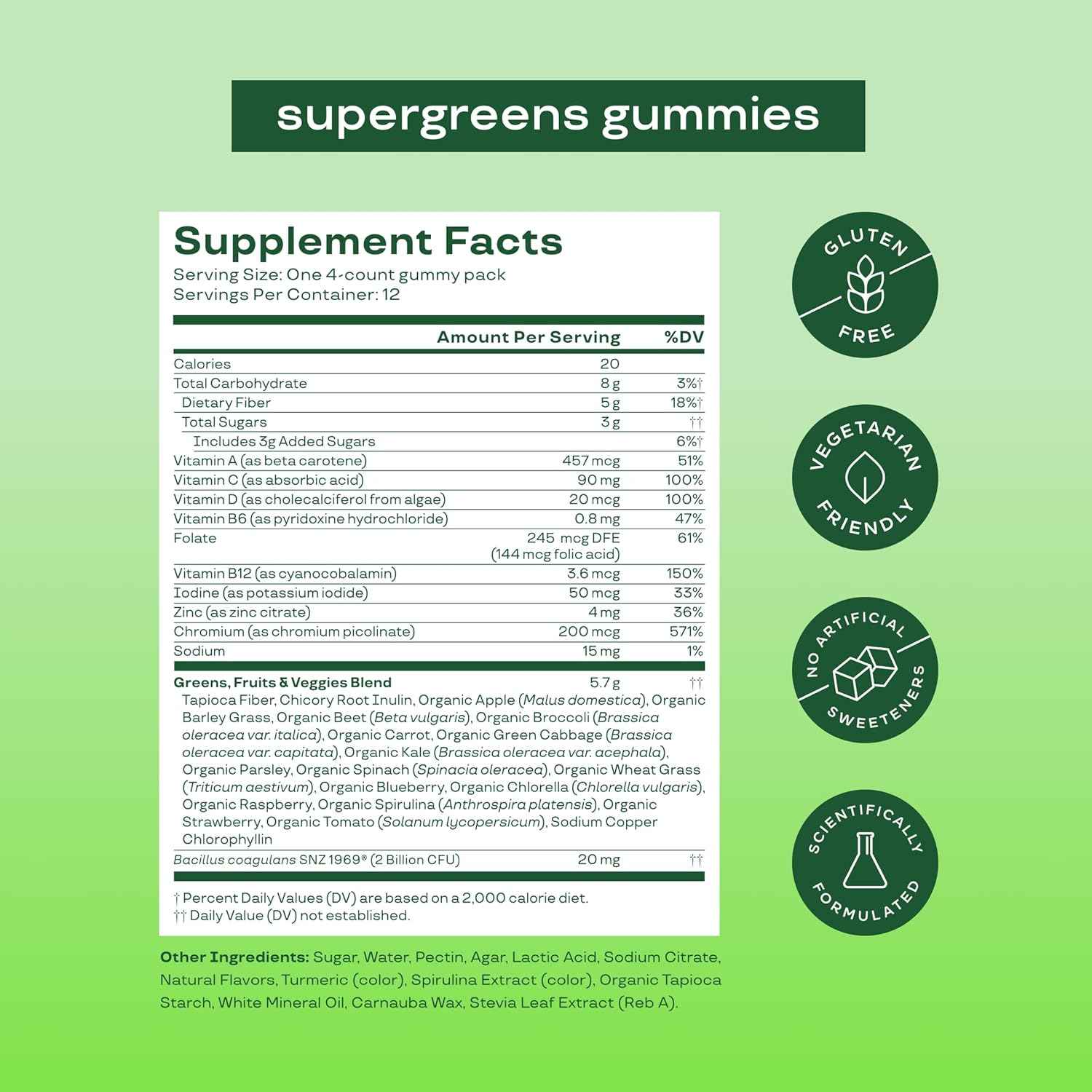 Bloom Super Greens Gummies, Daily Greens Superfood Fiber Gummies with Fruits, Vegetables, Vitamins & Minerals for Digestive & Gut Health, Bloating Support, Strawberry Kiwi, 12 Servings (48 Total)