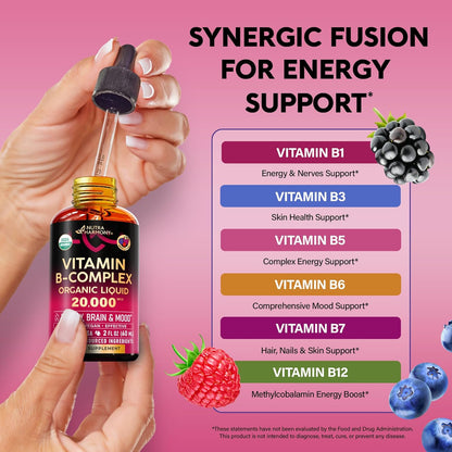 USDA Organic Vitamin B-Complex B5 Pantothenic Acid | B12 Methylcobalamin | B1 Thiamine | B6 Pyridoxine | B7 Biotin | B9 Folic | B3 Niacinamide - B Complex Liquid Drops | Complex Liquid Spray, Made in USA Supplement