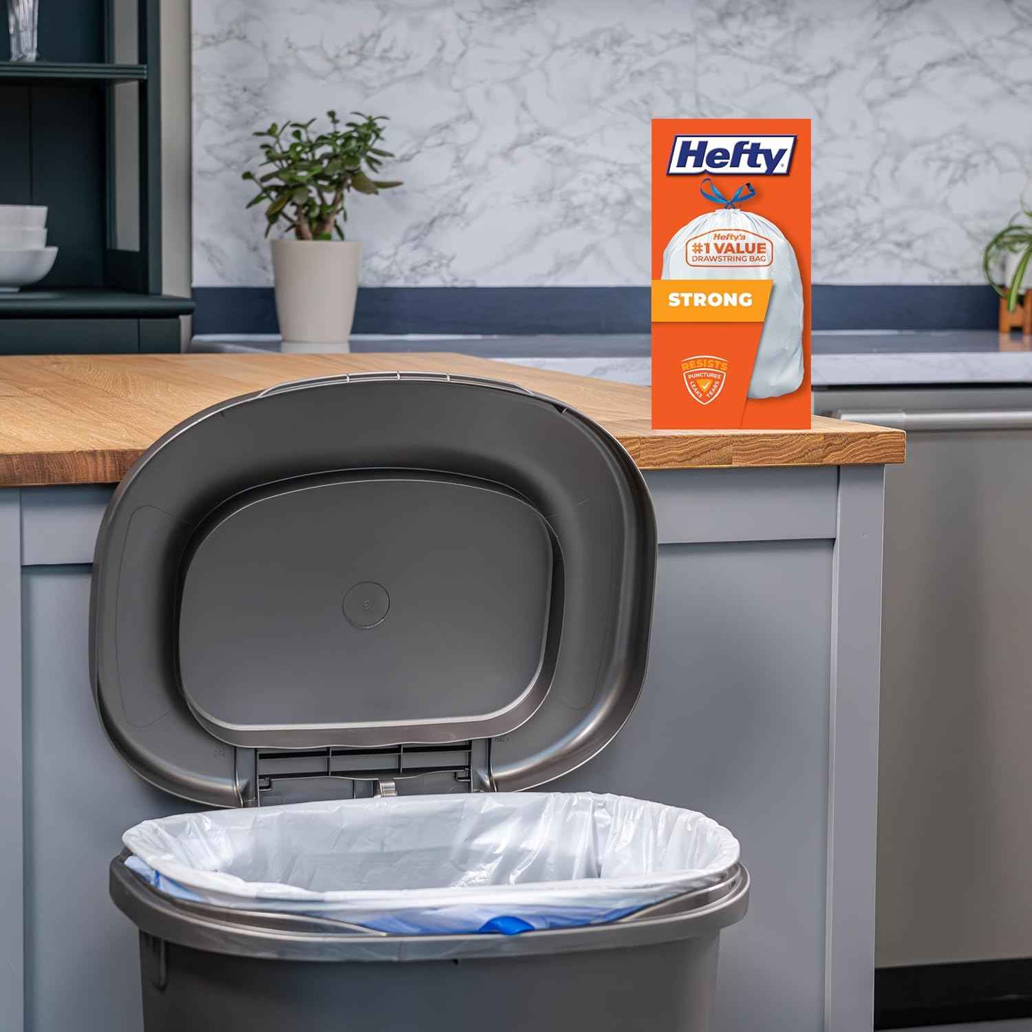 Hefty Strong White 13 Gallon Trash Bags with Drawstrings, Unscented Tall Kitchen Trash Bags, Resists Leaks, Punctures, and Tears, Durable Closure