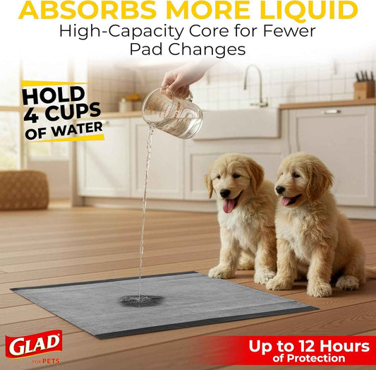 Glad for Pets Black Charcoal Puppy Pads - 6-Layer Leak-Proof Construction, Activated Carbon Odor Control, Pheromone Attractant - Disposable Dog Pee Pads for Potty Training