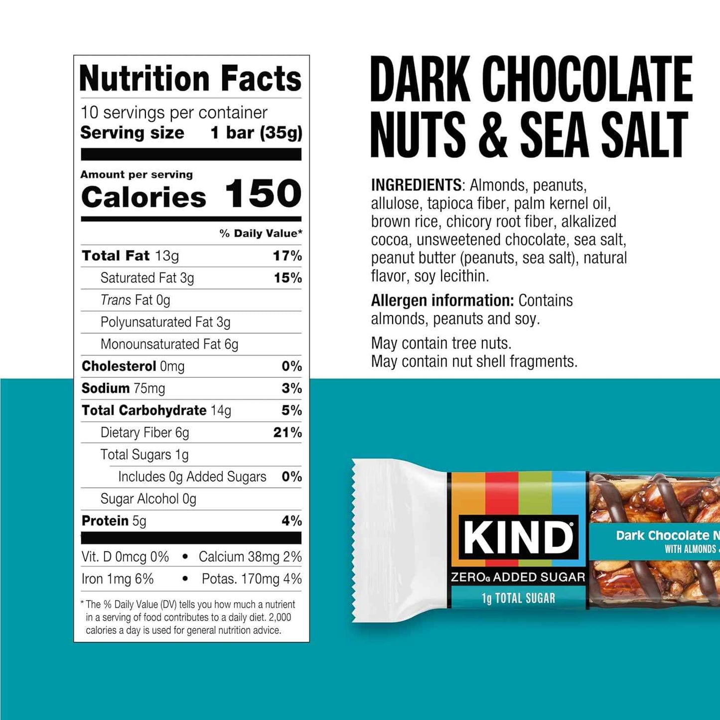 Kind Zero Added Sugar Healthy Snacks Bars, Dark Chocolate Nuts & Sea Salt, Gluten Free, High Fiber, Keto Snacks
