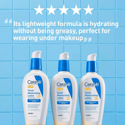 CeraVe AM Facial Moisturizing Lotion with SPF 30, Oil-Free Face Moisturizer with SPF, Formulated with Hyaluronic Acid, Niacinamide & Ceramides, Non-Comedogenic, Broad Spectrum Sunscreen, 3 Ounce