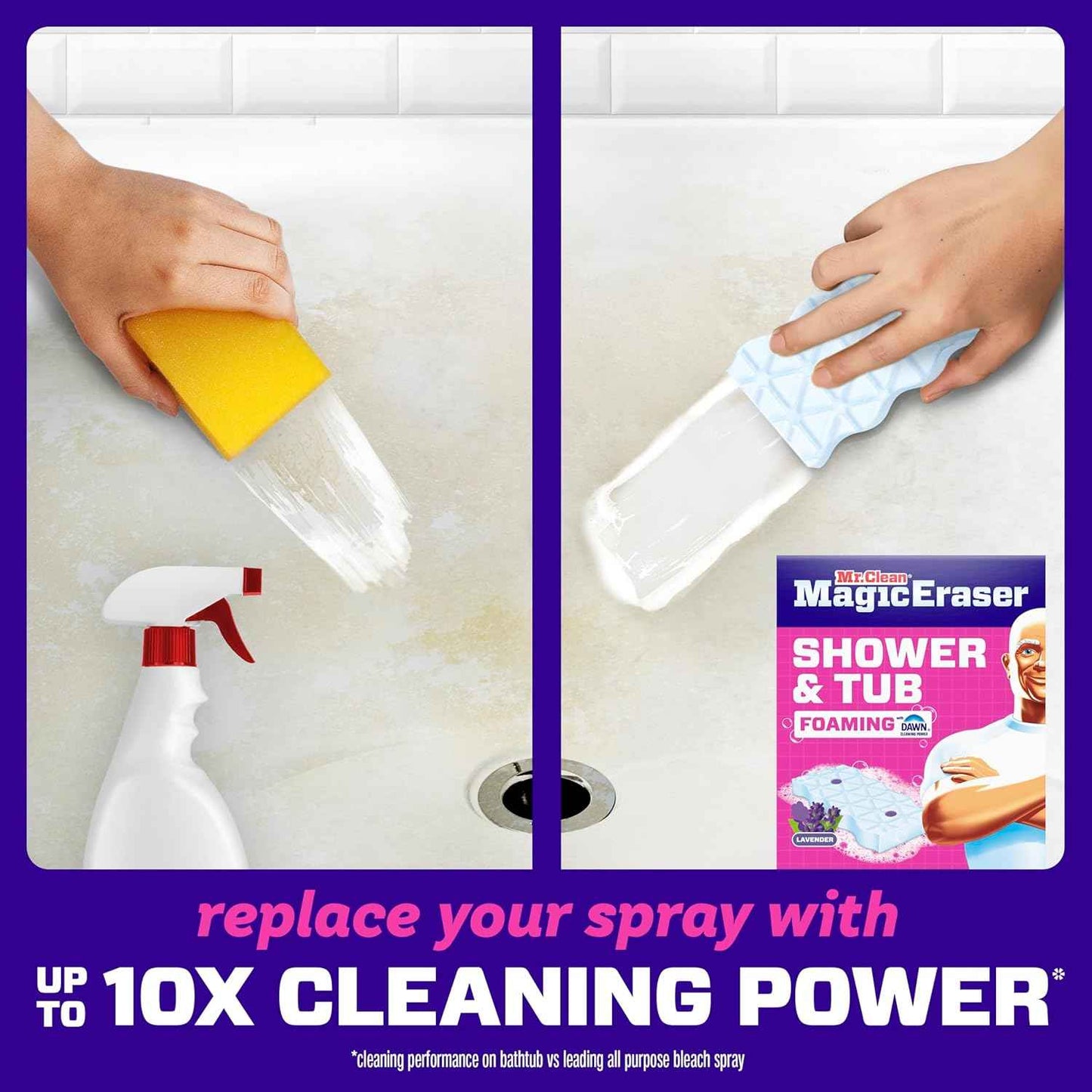 Mr. Clean Magic Eraser Sponge, Bathroom, Shower, Tub Cleaner, Soap Scum Remover, Bathroom Cleaning Supplies, Dawn Cleaning Power with Lavender Scent, Shower & Tub