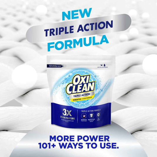 OxiClean Triple Action Versatile Stain Remover Powder, Use with Detergent, Removes Tough Stains like Grease, Blood and Grass, Brightens Colors and Whites, Chlorine Free