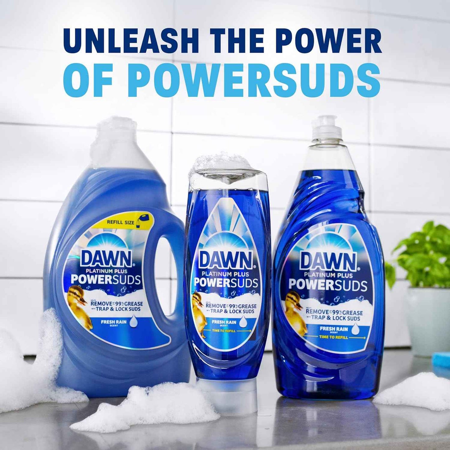 Dawn Platinum Plus PowerSuds EZ-Squeeze Dish Soap Liquid, Dishwashing Liquid, Grease Removal, Upside Down Bottle, Fresh Rain Scent, 2x17.4 Fl Oz Bundle
