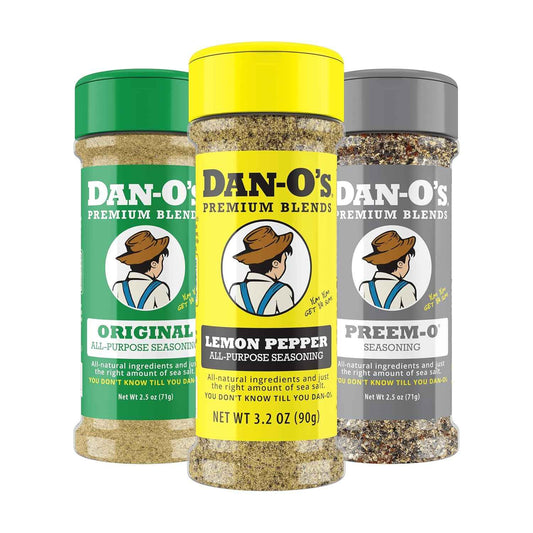 Dan-O’s Seasoning Variety Pack – 3 Bottle Set (Extra-Small) – Lemon Pepper, Original & Preem-O – All Purpose Spice Blends for Chicken, Seafood, Steak & Vegetables