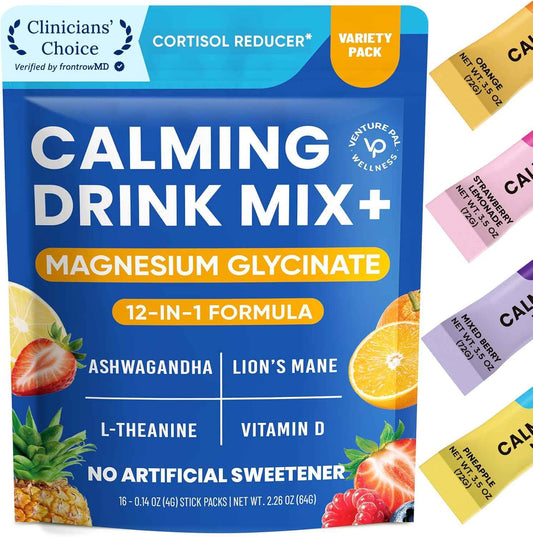 Venture Pal Calm Drink Mix, 12-in-1 Cortisol Reducer and Sleep Aid with Magnesium Glycinate, Ashwagandha, L-Theanine,Vitamin D, Calm Magnesium Powder for Relax & Focus, No Sugar, Non GMO