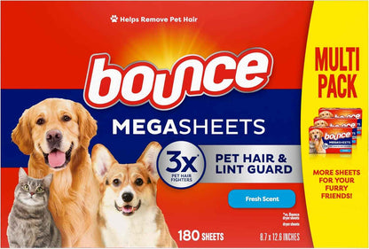 Bounce Pet Hair and Lint Guard Mega Dryer Sheets with 3X Pet Hair Fighters, Fresh Scent
