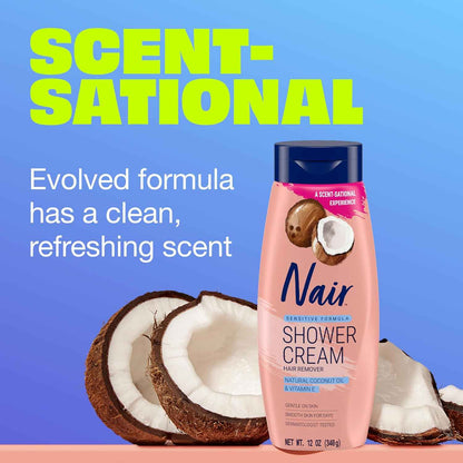 Nair Sensitive Formula Shower Cream, Quick and Easy Hair Removal Cream with Coconut Oil and Vitamin E for Body, 12 oz  
