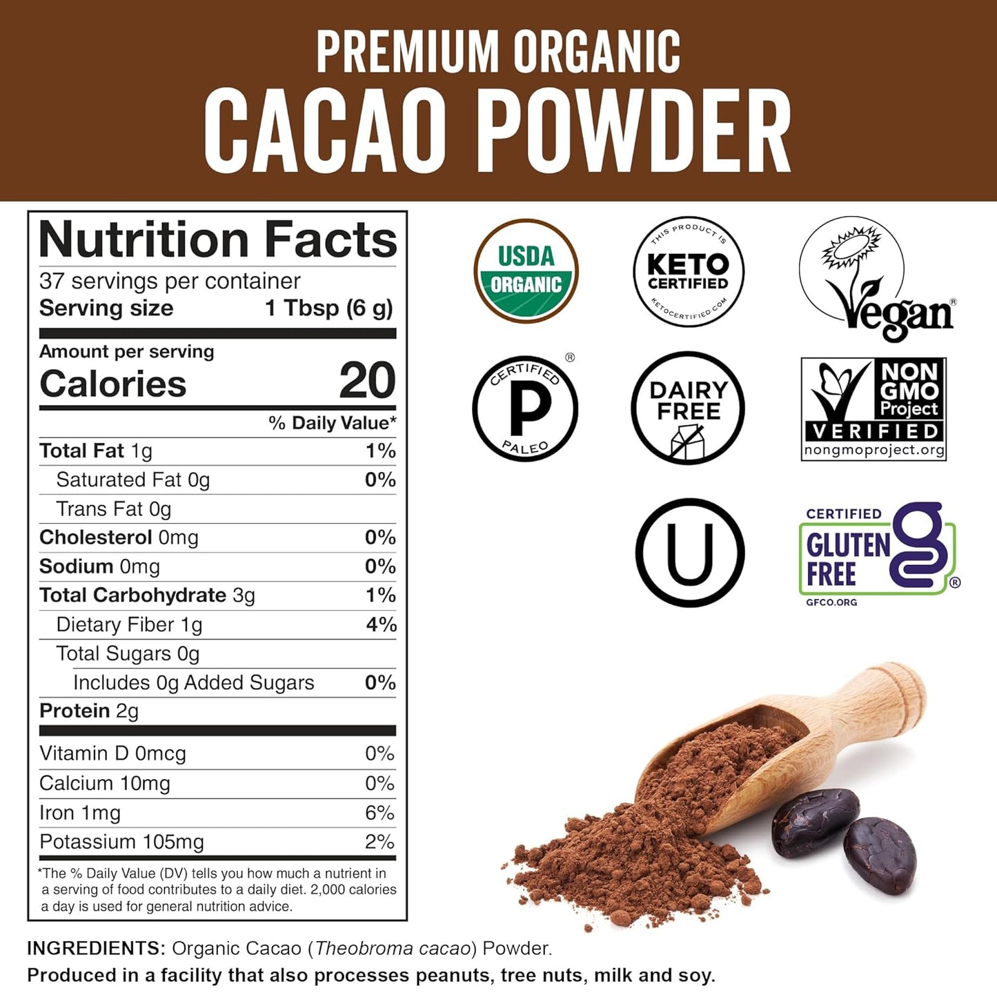 Organic Cacao Powder, Unsweetened, 8 oz (227 g) – Rich Dark Chocolate Flavor, Perfect for Baking, Smoothies & Hot Chocolate – Vegan, Keto, Paleo, Non-GMO & Gluten-Free Cocoa Powder