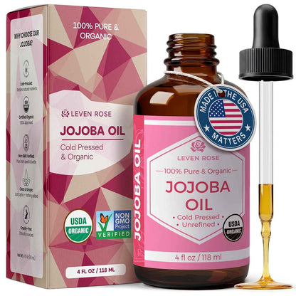 Leven Rose Jojoba Oil Organic, Pure Cold Pressed Carrier Oil, Natural Unrefined Moisturizer for Skin Hair and Nails