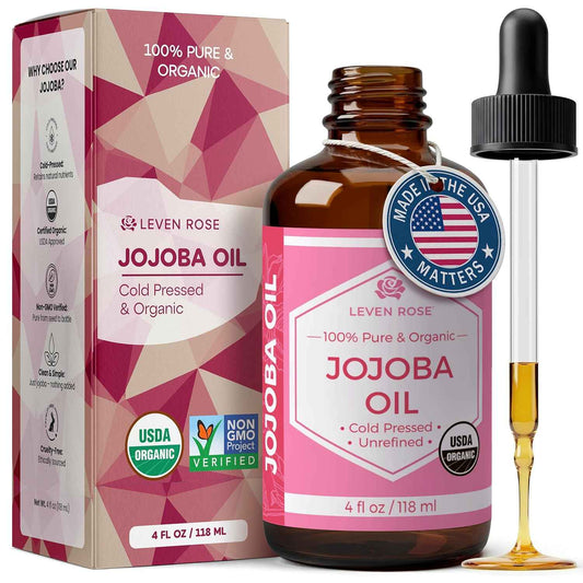 Leven Rose Jojoba Oil Organic, Pure Cold Pressed Carrier Oil, Natural Unrefined Moisturizer for Skin Hair and Nails