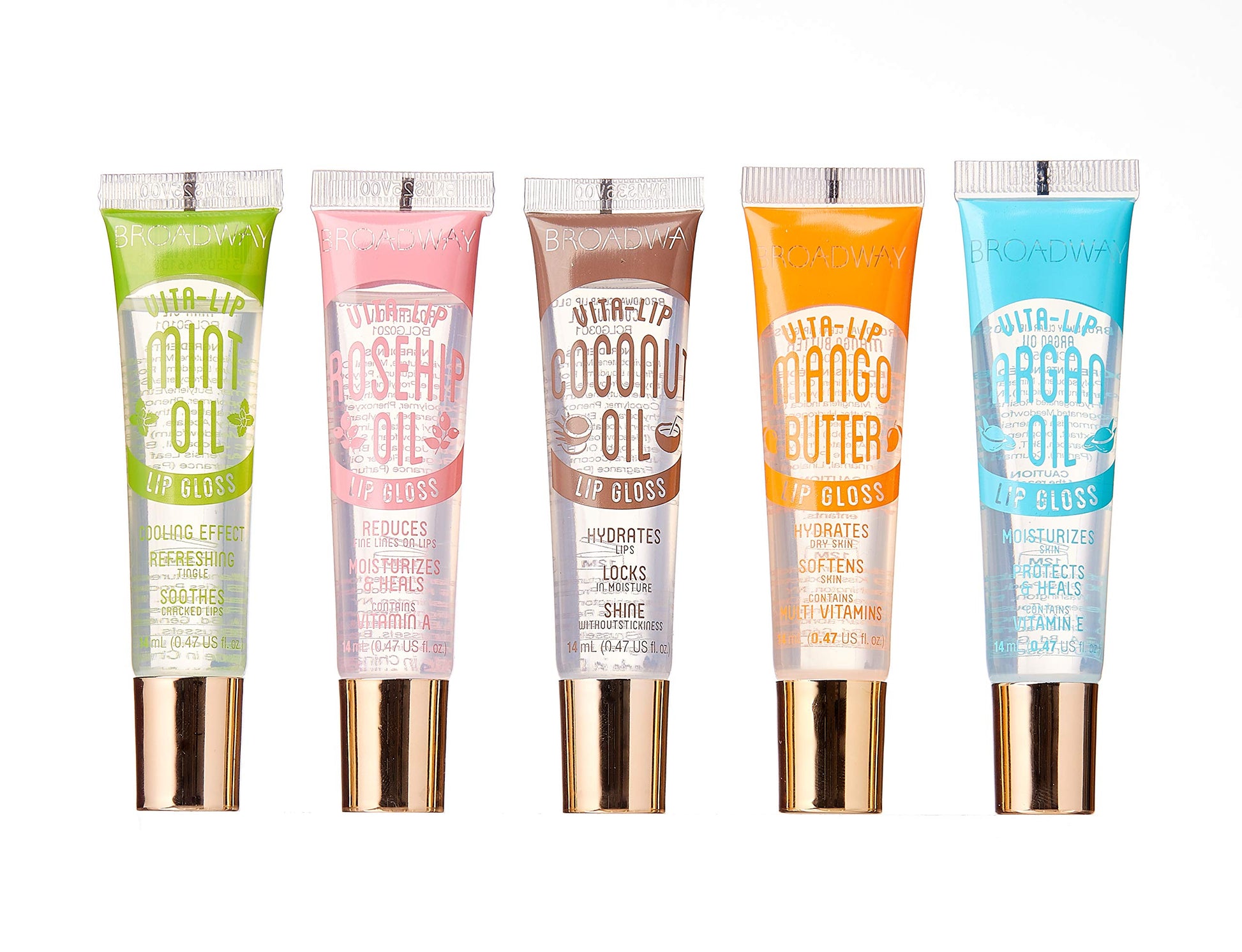 Ruby Kisses Broadway Vita-Lip Clear Lip Gloss (5 Pack Mint, Rosehip, Coconut, Argan Oil, Mango Butter), Ultra-Hydrating &amp;amp; Soothing Formula with Vitamin Oils, High-Shine Non-Sticky Finish Lip Balm