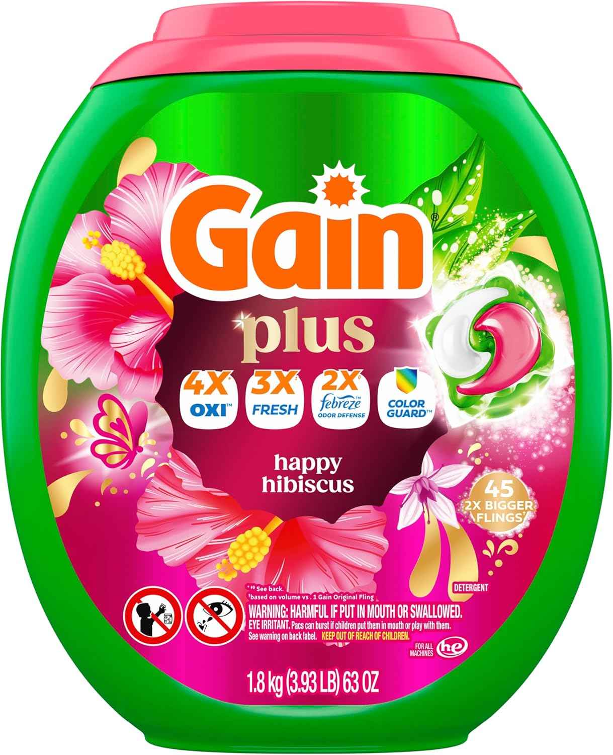 Gain Plus Flings Liquid Washing Detergent Pods, Gain's Best Clean, All-In-One, Happy Hibiscus Scent Laundry Pacs