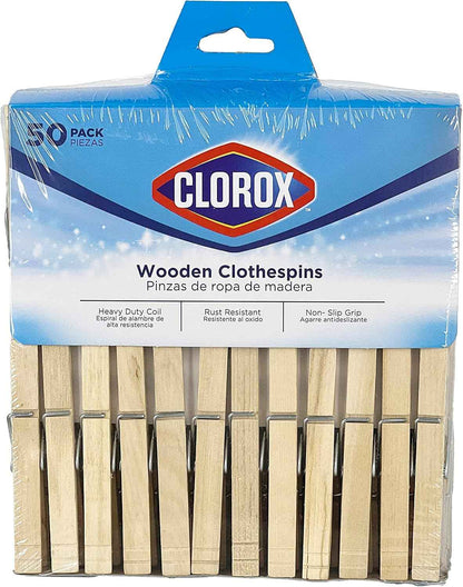 Clorox Wood Clothespins with Spring – Value Pack Set of 50 | Rust Resistant, Heavy-Duty Coil, Non-Slip Grip for Line Drying Laundry, Chip Clips, Crafts, 50 Pack